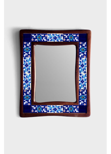 Antique Floral Blue And White Tile Mirror On Wooden Frame