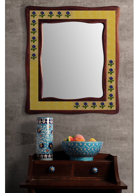 Yellow Tile With Blue Flowers Tile Mirror On Sagwan Wooden Frame