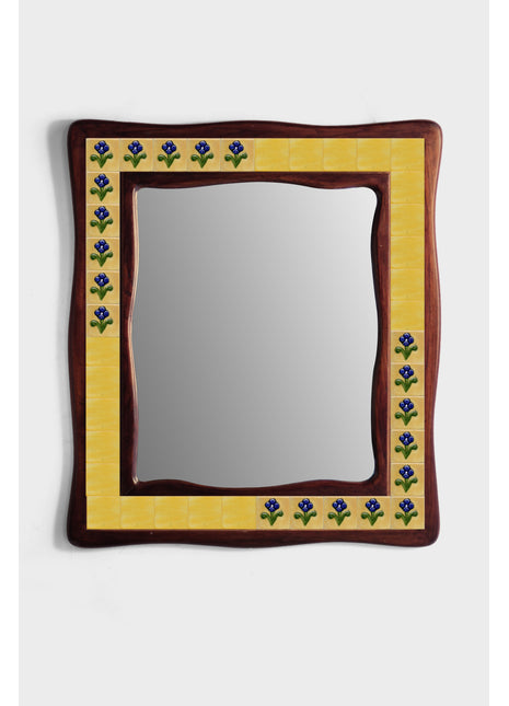 Yellow Tile With Blue Flowers Tile Mirror On Sagwan Wooden Frame