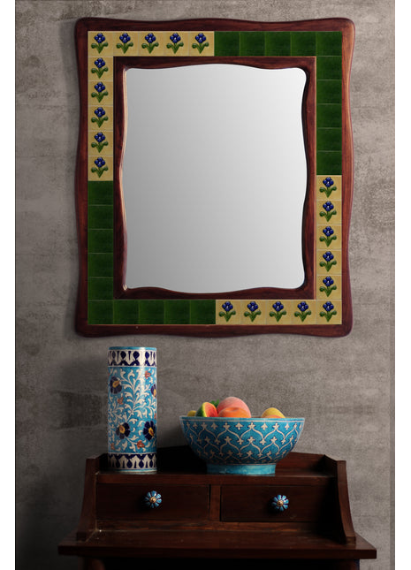 Solid Green With Blue Flowers On Yellow Tile Mirror