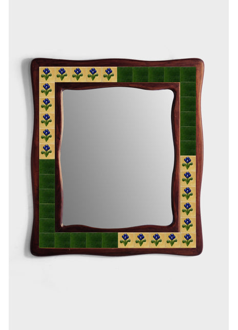 Solid Green With Blue Flowers On Yellow Tile Mirror