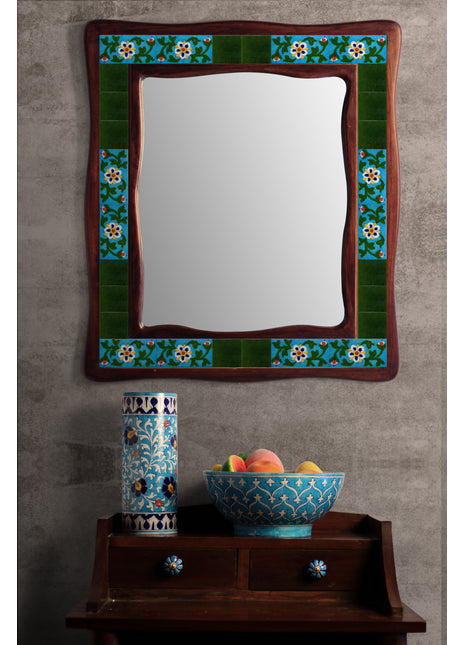 Turquoise And Green Floral Design On Sagwan Wooden Frame