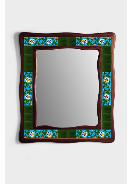Turquoise And Green Floral Design On Sagwan Wooden Frame