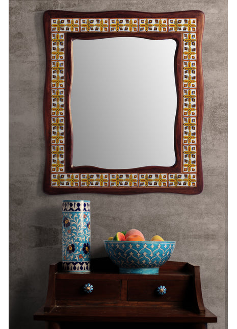 Unique Yellow And Brown Tile Mirror On Wooden Frame