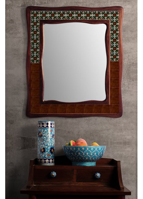 Brown Sagwan Wooden Tile Mirror With Green Design