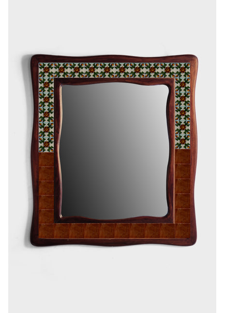 Brown Sagwan Wooden Tile Mirror With Green Design