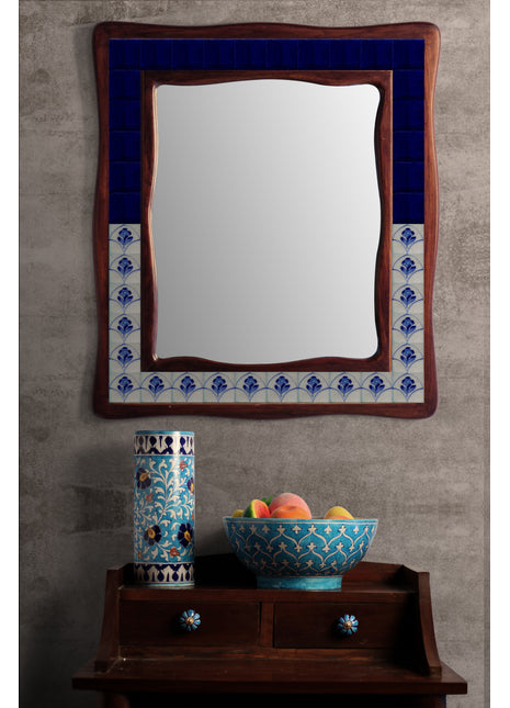 White And Blue Floral Design On White Tile Mirror In Wooden Frame