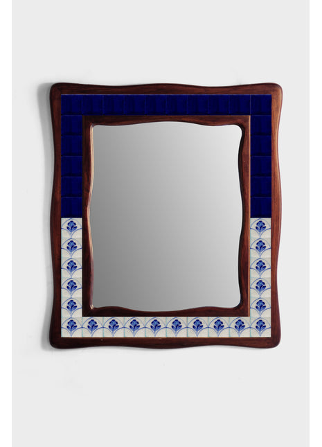 White And Blue Floral Design On White Tile Mirror In Wooden Frame