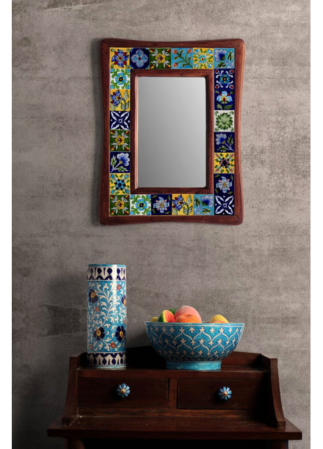 Assorted Handmade Blue Pottery Tiles Wall Hanging Wooden Mirror - 22 by 26 inches