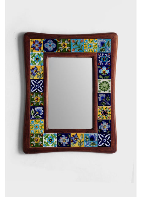 Assorted Handmade Blue Pottery Tiles Wall Hanging Wooden Mirror - 22 by 26 inches