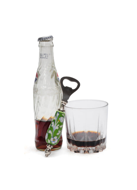 White Leaves and Flowers With Green Base Bottle Opener