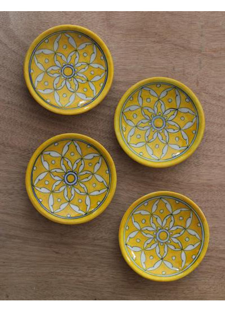 Handmade Geometrical Design Yellow and White Plate 4inch (Set of 4)