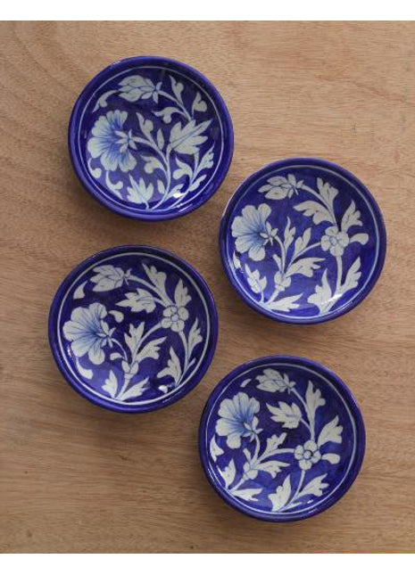 Decorative Blue and White Floral Leafy Design Plate 4 inch (Set of 4)