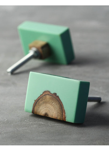 Vintage Sea Green And Wooden Resin Rectangular Shaped Cupboard Knob