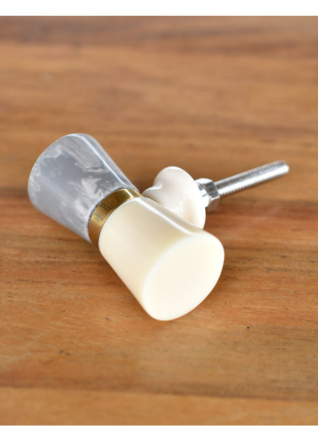 Stylish Drum Shaped White And Grey Drawer Knob With Brass Metal