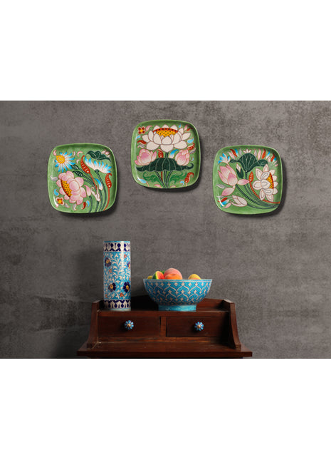 Series of 3 Hand Painted Lotus Story Wall Plates, Wall Hanging Plates