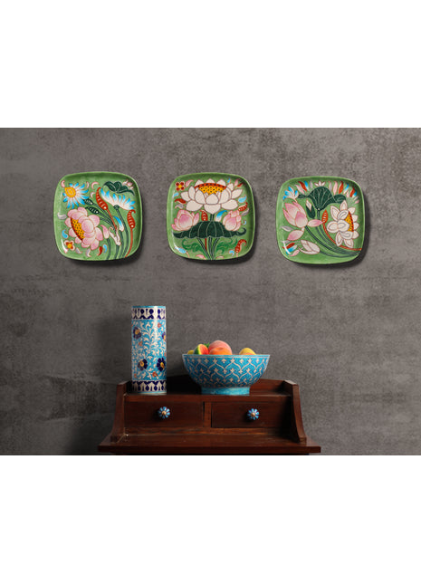 Series of 3 Hand Painted Lotus Story Wall Plates, Wall Hanging Plates