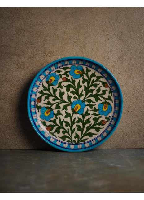 Green Leaves and Turquoise Flowers on White Base Plate 10