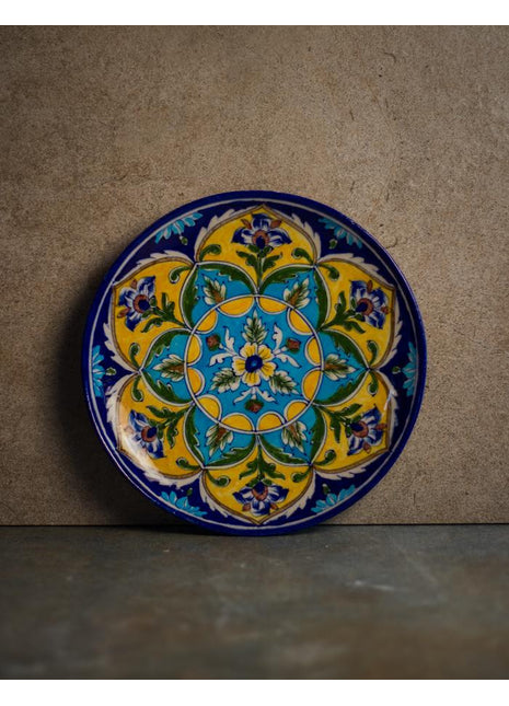 Turquoise Flowers and Yellow Pattern On Blue Base Plate 10