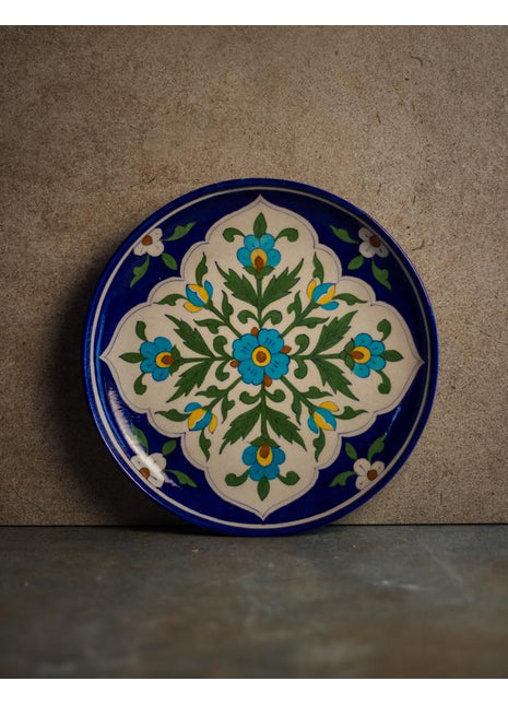 Blue and White Base with Green Leaves Plate 10 inch