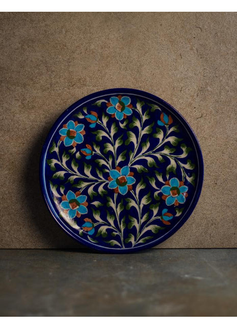 Blue Base with Turquoise Flowers Plate 10 inch