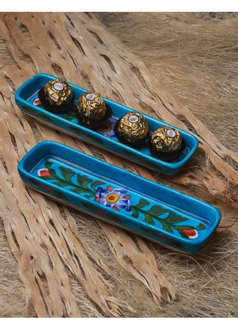 Turquoise Base Handpainted Pencil Cum Chocolate Oragnizer 8 inch (Set of 2 pieces)