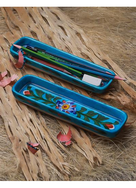 Turquoise Base Handpainted Pencil Cum Chocolate Oragnizer 8 inch (Set of 2 pieces)