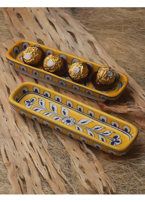 Yellow and Blue Handpainted Blue Pottery Pencil Plate 8 inch (Set of 2 pieces)