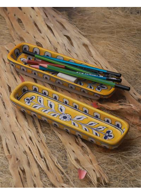 Yellow and Blue Handpainted Blue Pottery Pencil Plate 8 inch (Set of 2 pieces)