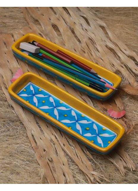 Turquoise and Yellow Geometric Blue Pottery Pencil Plate 8 inch (Set of 2 pieces)
