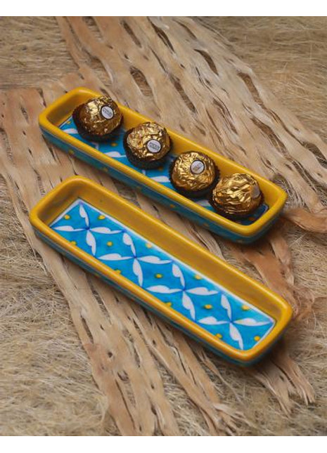Turquoise and Yellow Geometric Blue Pottery Pencil Plate 8 inch (Set of 2 pieces)
