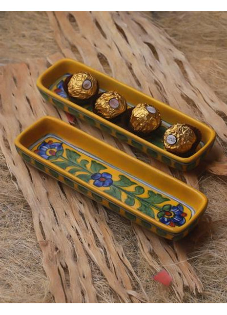 Yellow Blue Green Floral Design Pencil Plate 8 inch (Set of 2 pieces)