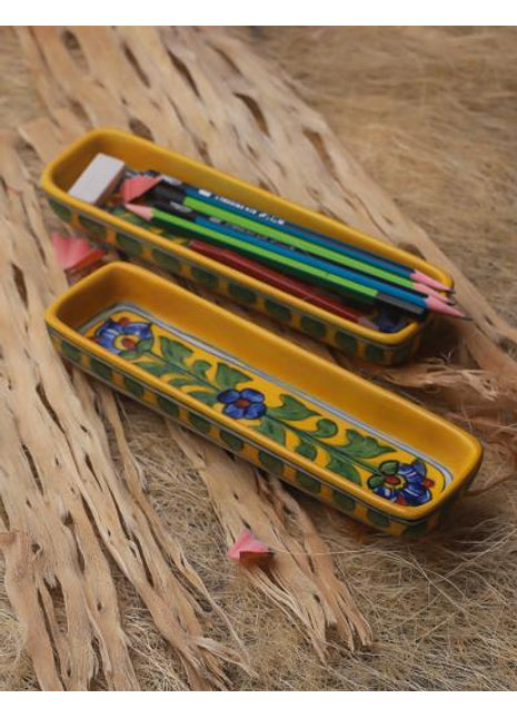 Yellow Blue Green Floral Design Pencil Plate 8 inch (Set of 2 pieces)