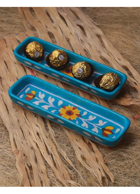 Yellow Flower and White Leaf on Turquoise base serving Platter Organizer 8 inch (Set of 2 pieces)