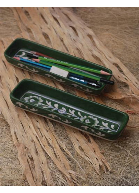 Green and White Floral Leafy Multiutility Pencil Plate 8 inch (Set of 2 pieces)