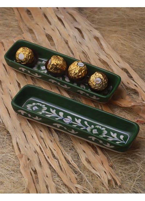 Green and White Floral Leafy Multiutility Pencil Plate 8 inch (Set of 2 pieces)