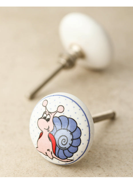 Pink And Blue Snail Hand Painted On White Ceramic Knob
