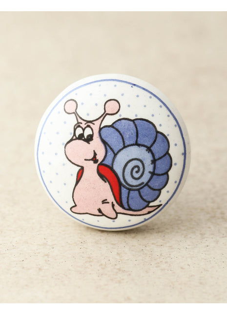 Pink And Blue Snail Hand Painted On White Ceramic Knob