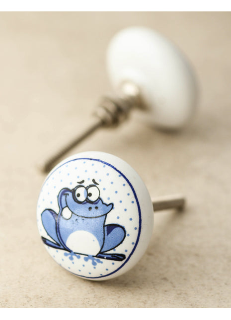 White Ceramic Drawer Knob With Frog Print