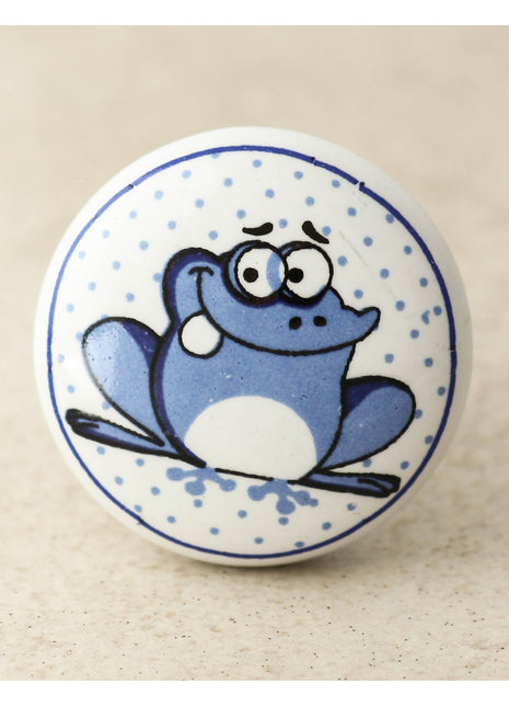 White Ceramic Drawer Knob With Frog Print