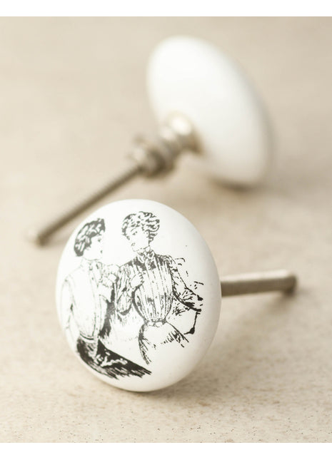 White Ceramic Dresser Knob With Ladies Sketch