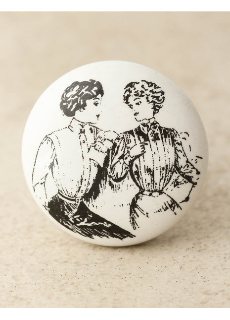 White Ceramic Dresser Knob With Ladies Sketch