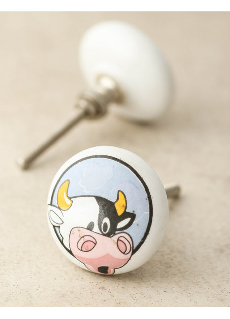 White Ceramic Knob With Beautifully Crafted Cow Design For Kids