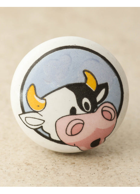 White Ceramic Knob With Beautifully Crafted Cow Design For Kids