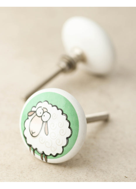 White Ceramic Drawer Knob With Green Base Sheep Print