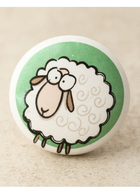 White Ceramic Drawer Knob With Green Base Sheep Print