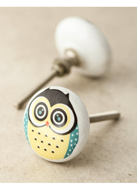 White Ceramic Drawer Knob With Beautifully Crafted Owl Design