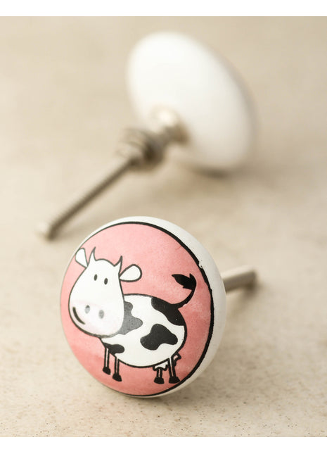 White Ceramic Drawer Knob With Cow Print For Kids