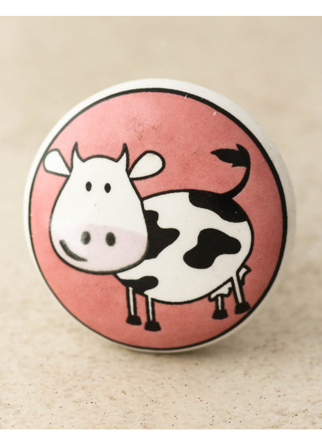 White Ceramic Drawer Knob With Cow Print For Kids