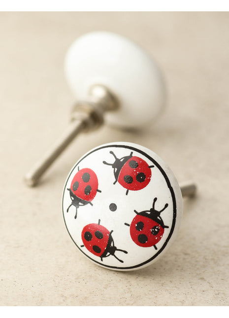 White Ceramic Drawer Knob With Lady Bugs Design